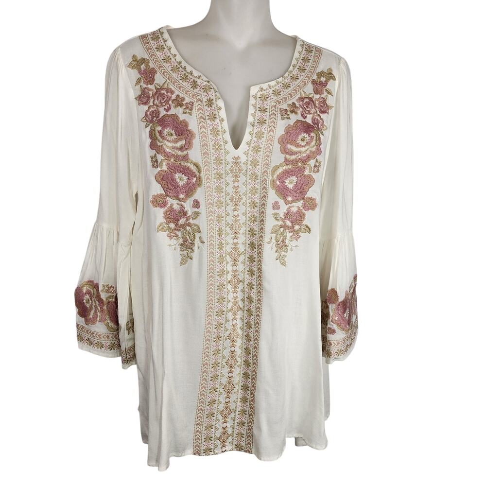 R2 Womens Blush & Taupe Embroidered Top 3/4 Bell Sleeve Floral Ivory Small Boho